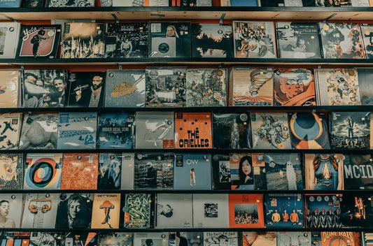 Display of vinyl albums on a wall with some gatefold albums