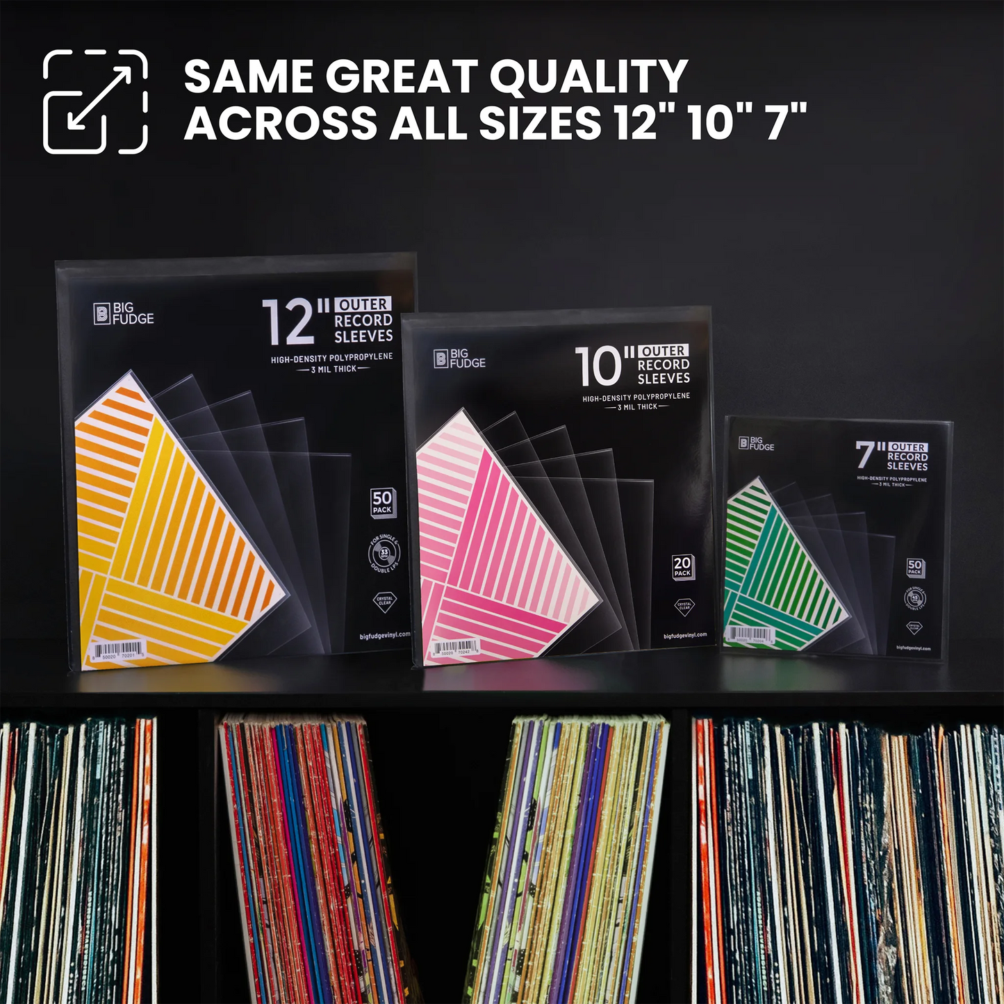 Three packages of Big Fudge record sleeves displayed on a black shelf, with vinyl records visible below. The packages are labeled 12-inch, 10-inch, and 7-inch, each showing a different colored striped sleeve design.