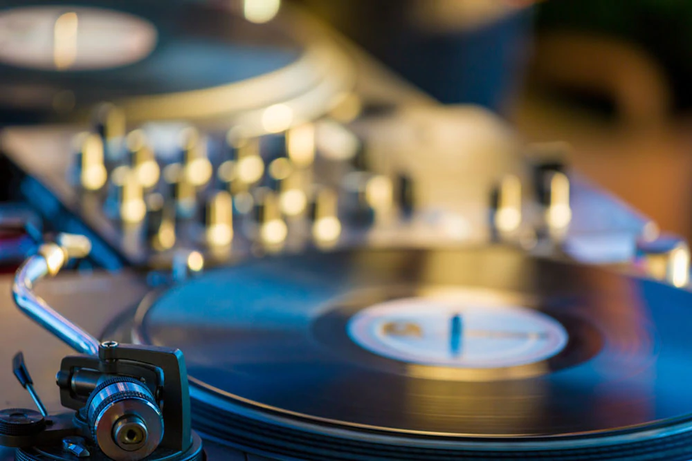 Vinyl records on a studio recording table