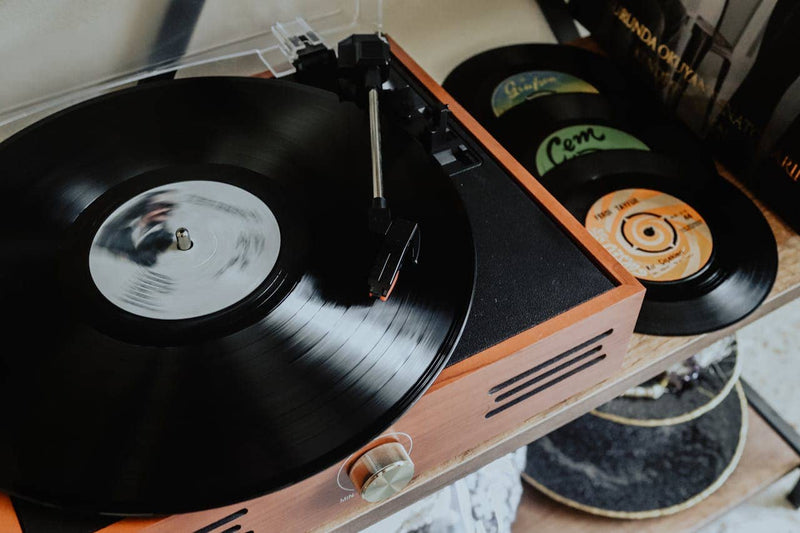 black vinyl record on a turntable