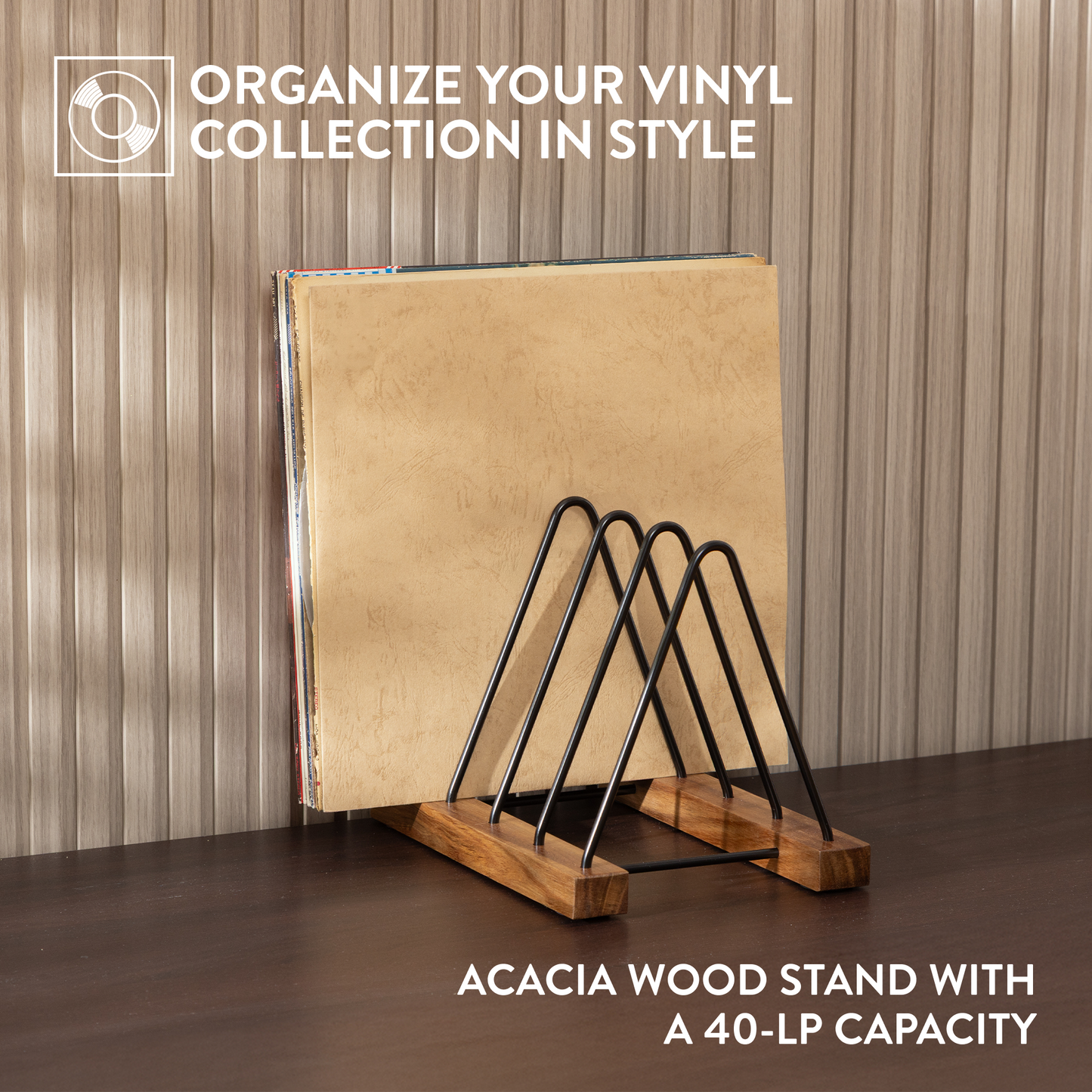 Acacia Wood Record Storage - LP Holder with Scratch-Resistant Base