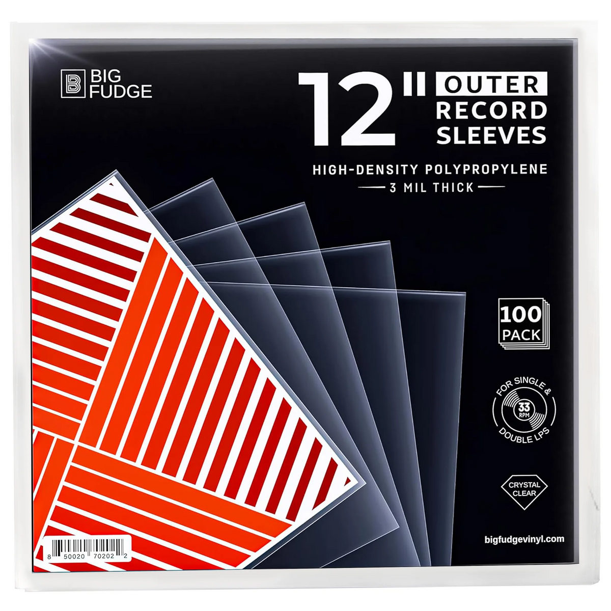 Big Fudge 12-inch outer record sleeves in a 100-pack, made of high-density polypropylene. The packaging features a black background with white text and a graphic showing red and white striped sleeves layered over clear sleeves. _12 inch _100x pack