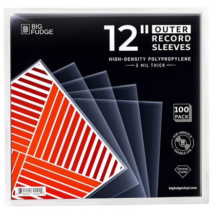 Big Fudge 12-inch outer record sleeves in a 100-pack, made of high-density polypropylene. The packaging features a black background with white text and a graphic showing red and white striped sleeves layered over clear sleeves. _12 inch _100x pack