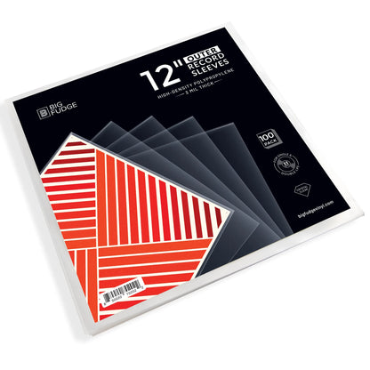 Big Judge 12-inch record sleeves in a clear plastic case with a black retail sleeve featuring red and white striped geometric graphics and white text. _12 inch _100x pack