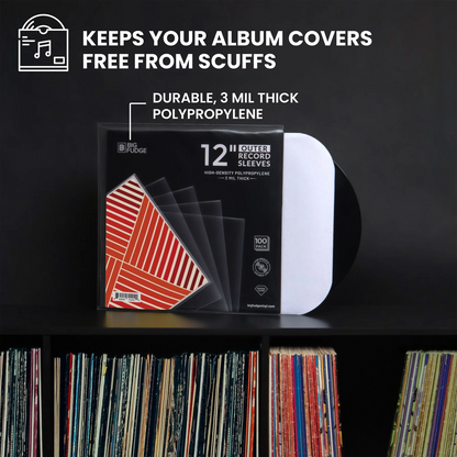 A pack of 12 black record sleeves displayed on a dark shelf with vinyl records in the background. The sleeves are made of durable, 3 mil thick polypropylene and are shown with a white vinyl record partially inserted. _12 inch _100x pack