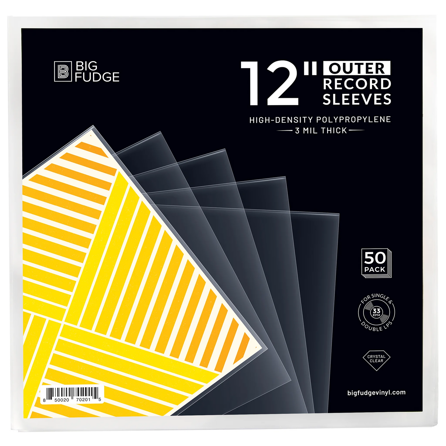Big Fudge 12-inch outer record sleeves, 50-pack, made of high-density polypropylene. The packaging features a black background with white text and a graphic showing yellow striped sleeves layered over clear sleeves. _12 inch _50x pack