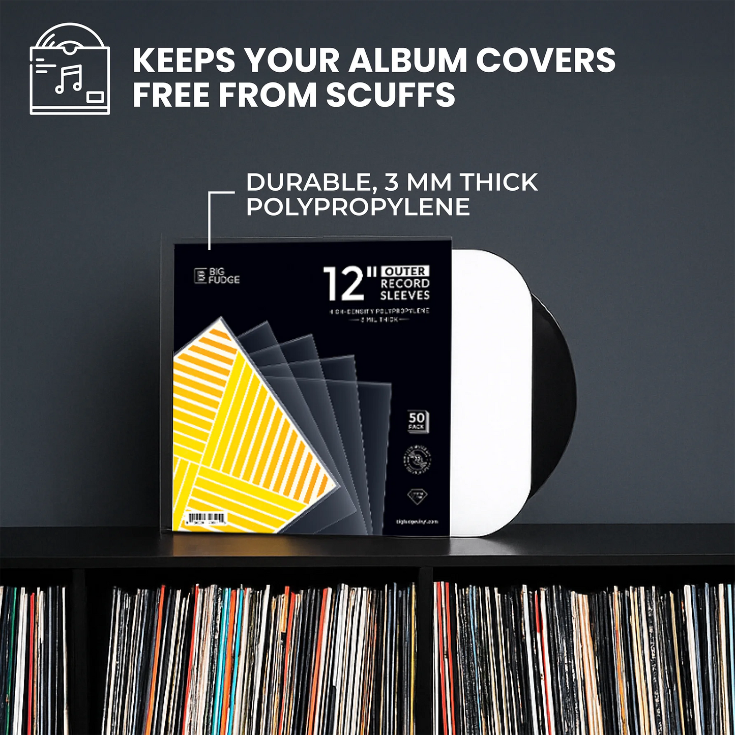 A pack of 12 cover sleeves by Audio Safe displayed on a shelf in front of a record rack. The black sleeve packaging features a yellow and gray geometric design, with a white vinyl record partially pulled out. _12 inch _50x pack