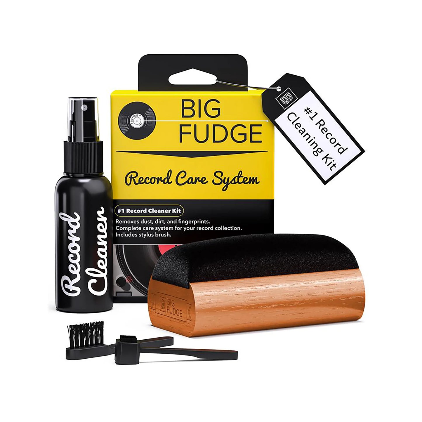 Record Care System 'Big Fudge' record cleaning kit on a white background, including a black record cleaner spray bottle, a wooden-handled black cleaning brush, a small black brush, and the yellow-and-black retail packaging with a hanging '#1 Record Cleaning Kit' tag.