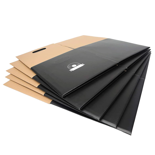 A stack of black and tan document folders or sleeves with cutout handles, shown on a plain white background.