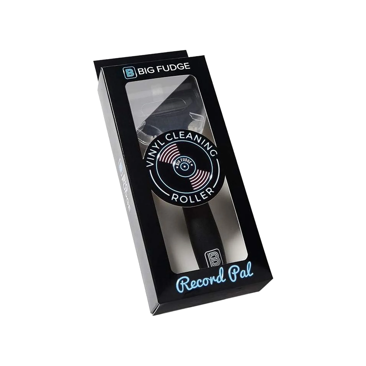 A boxed vinyl cleaning roller tool from Big Fudge, shown in its retail packaging against a plain white background.