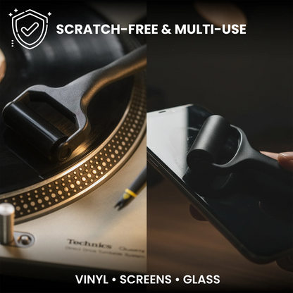 A black protective screen protector clip shown in a split demonstration: on the left, attached to a turntable needle over a vinyl record, and on the right, held by a hand against a smartphone screen. Text overlays read 'SCRATCH-FREE & MULTI-USE' and 'VINYL • SCREENS • GLASS'.