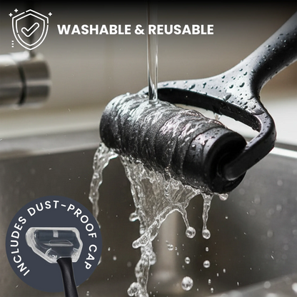 A reusable black cleaning roller under running water in a sink, with text reading 'WASHABLE & REUSABLE' and a badge noting 'INCLUDES DUST-PROOF CAP'.