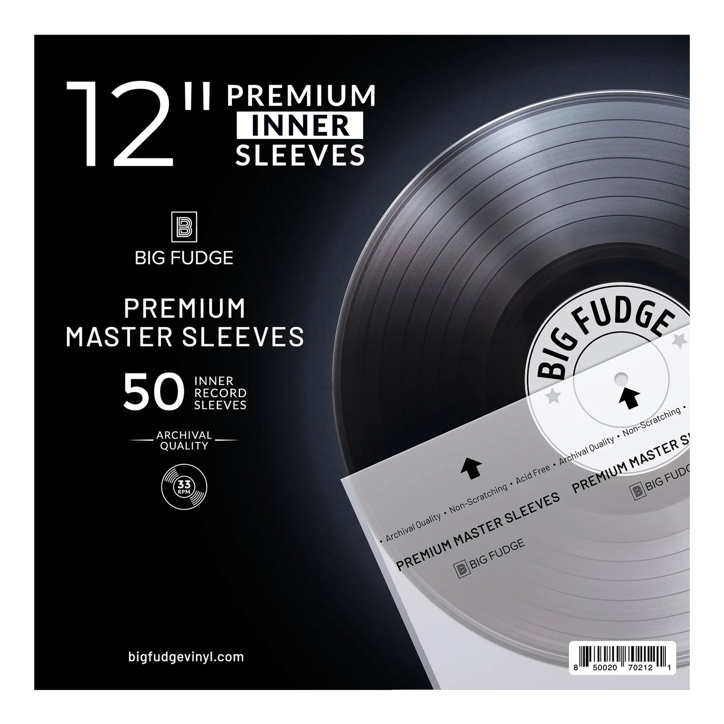 Big Fudge 12 inch premium inner sleeves packaging and product display, featuring a black vinyl record graphic, a white sleeve, and text indicating 50 archival quality inner record sleeves. _12 inch _50x pack