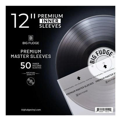Big Fudge 12 inch premium inner sleeves packaging and product display, featuring a black vinyl record graphic, a white sleeve, and text indicating 50 archival quality inner record sleeves. _12 inch _50x pack