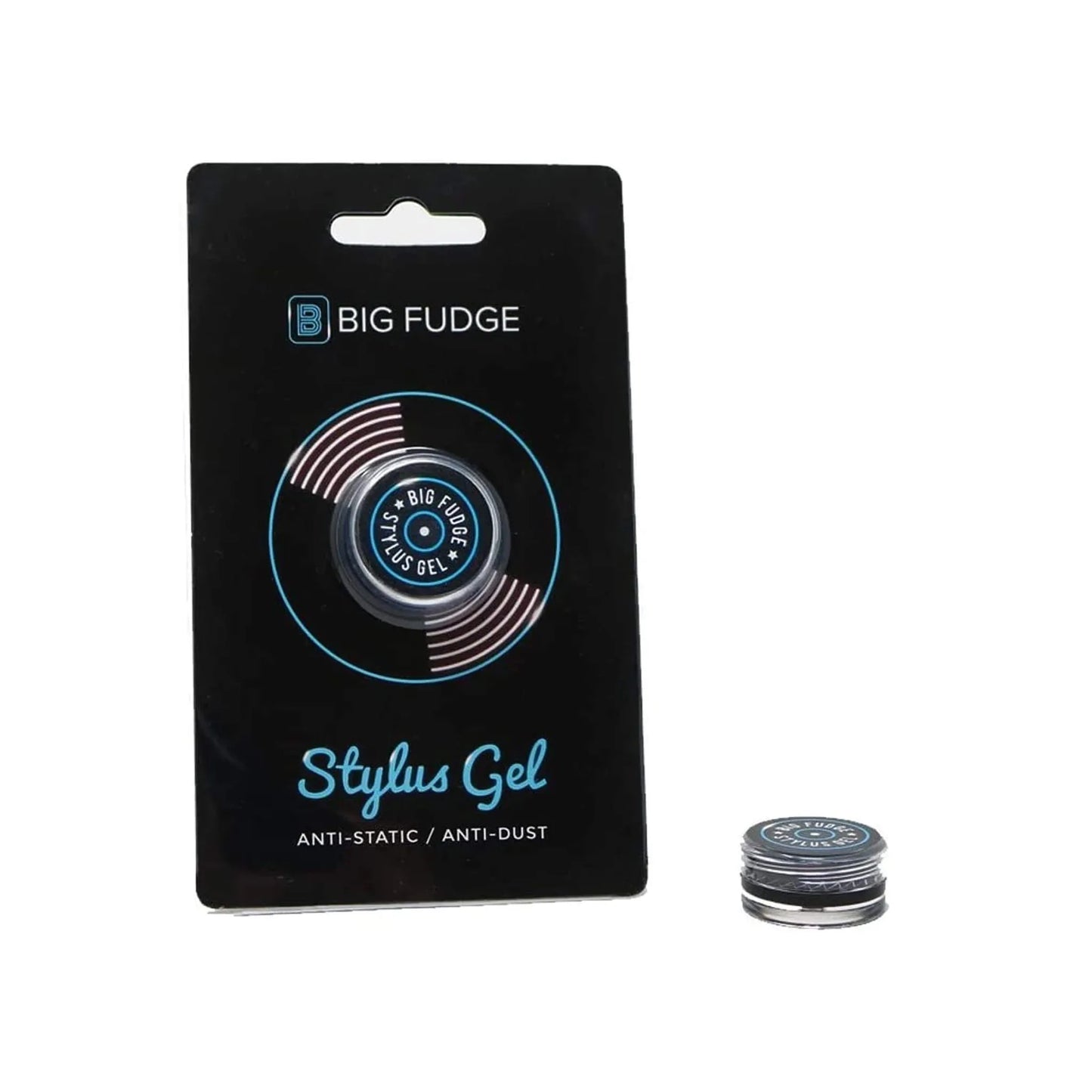 Big Fudge Stylus Gel anti-static and anti-dust gel in a small round jar, shown next to its black retail packaging card.