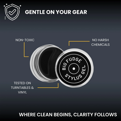 A promotional graphic for Big Fudge Stylus Gel makeup, showing an open round jar and its lid with text callouts reading 'GENTLE ON YOUR GEAR,' 'NON-TOXIC,' 'NO HARSH CHEMICALS,' and 'TESTED ON TURNTABLES & VINYL.' The background is dark gray to black with white and yellow text accents.
