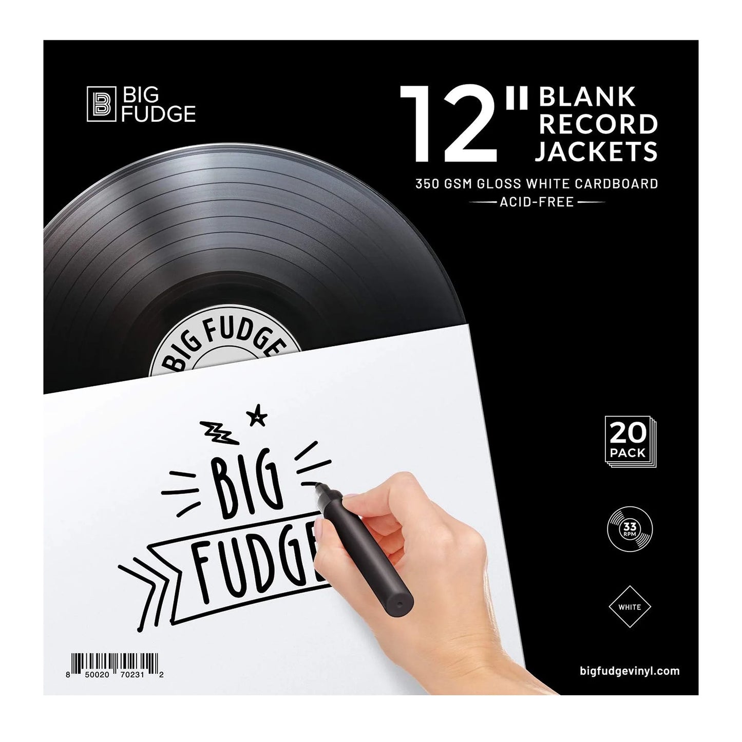 Big Fudge blank record jacket vinyl sticker set, featuring a hand holding a black marker on a white sheet with 'BIG FUDGE' written, alongside a black vinyl record graphic on a black background with product details. _Glossy White _12 inch