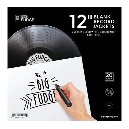 Big Fudge blank record jacket vinyl sticker set, featuring a hand holding a black marker on a white sheet with 'BIG FUDGE' written, alongside a black vinyl record graphic on a black background with product details. _Glossy White _12 inch