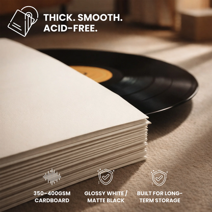 A stack of glossy white archival cardstock sheets in the foreground with a black vinyl record blurred in the background. White text at the top reads 'THICK. _Glossy White