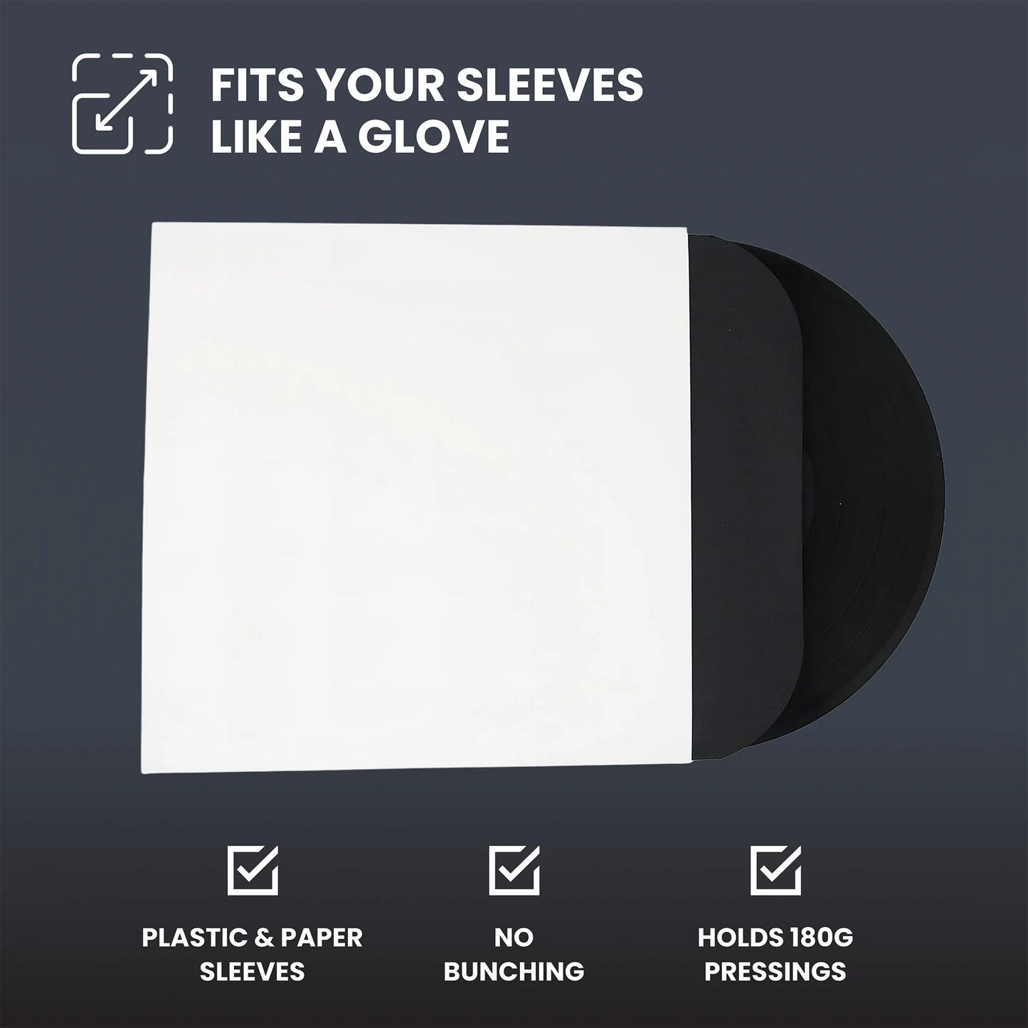 A black sleeve for a vinyl record partially pulled from a white sleeve, with text reading 'FITS YOUR SLEEVES LIKE A GLOVE' and feature callouts below on a dark gray background. _Glossy White