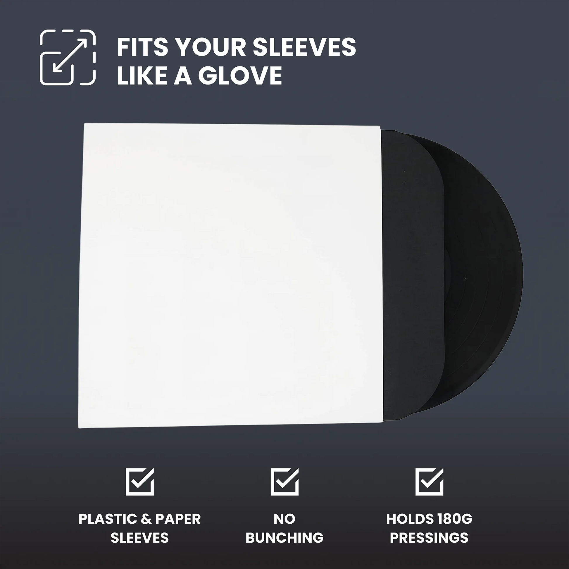 A black sleeve for a vinyl record partially pulled from a white sleeve, with text reading 'FITS YOUR SLEEVES LIKE A GLOVE' and feature callouts below on a dark gray background. _Glossy White