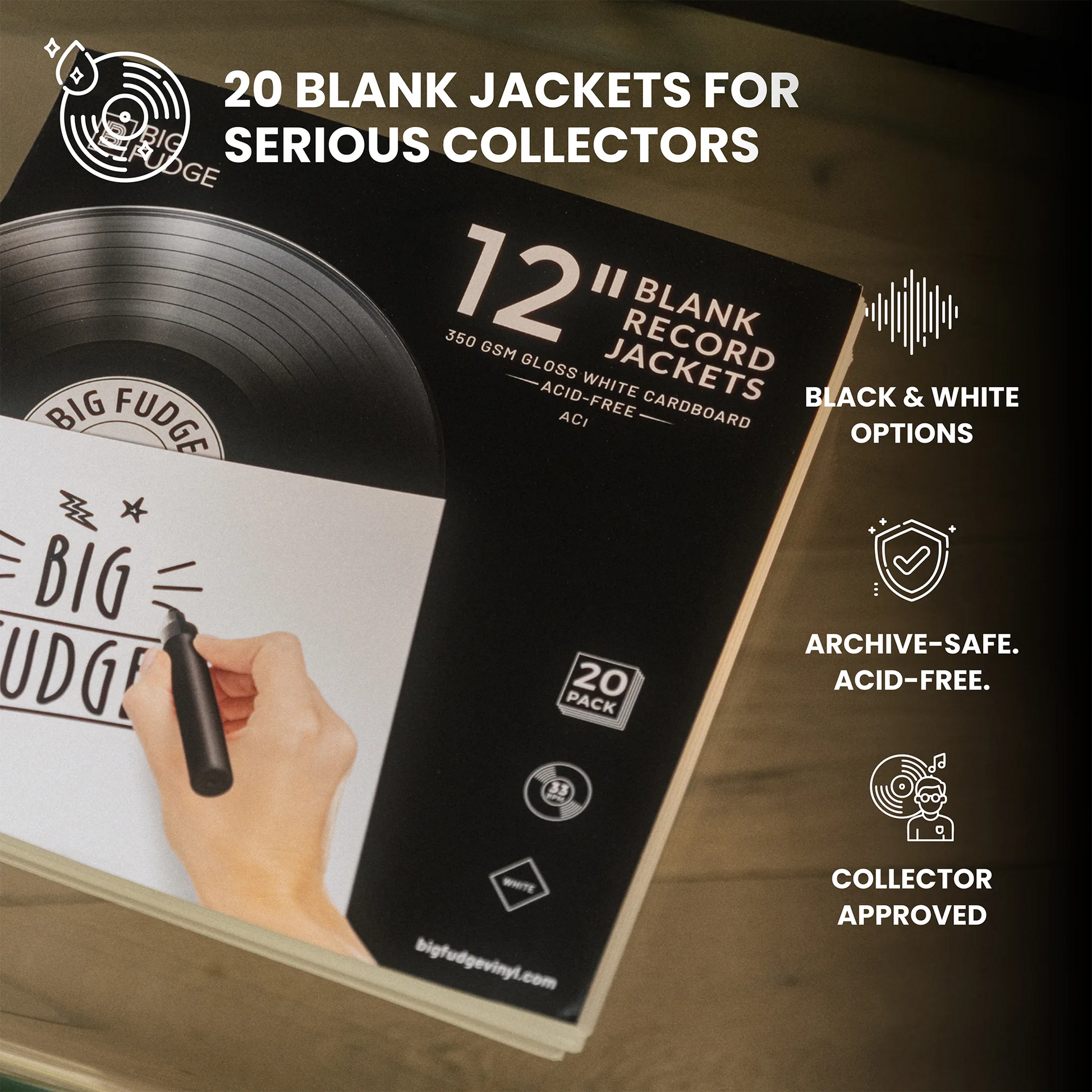 A promotional product graphic for a 20-pack of blank record jackets. The image shows a black jacket package with a vinyl record illustration and text reading '12" Blank Record Jackets' and '20 PACK.  _Glossy White _12 inch