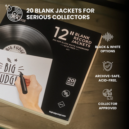 A promotional product graphic for a 20-pack of blank record jackets. The image shows a black jacket package with a vinyl record illustration and text reading '12" Blank Record Jackets' and '20 PACK.  _Glossy White _12 inch