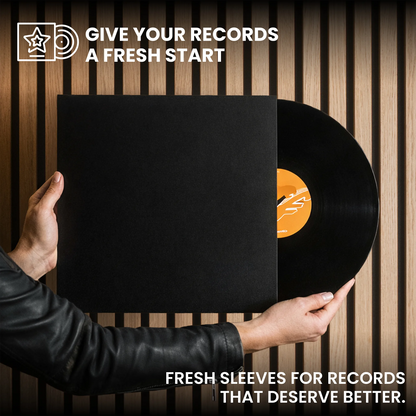 A person in a black leather jacket holds a vinyl record partially slid out of a black sleeve against a vertical wood slat background. White promotional text reads 'GIVE YOUR RECORDS A FRESH START' at the top and 'FRESH SLEEVES FOR RECORDS THAT DESERVE BETTER. _Matte Black