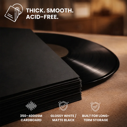 A stack of thick black acid-free storage cards next to a black vinyl record on a wooden surface, with text highlighting 'THICK. SMOOTH. _Matte Black