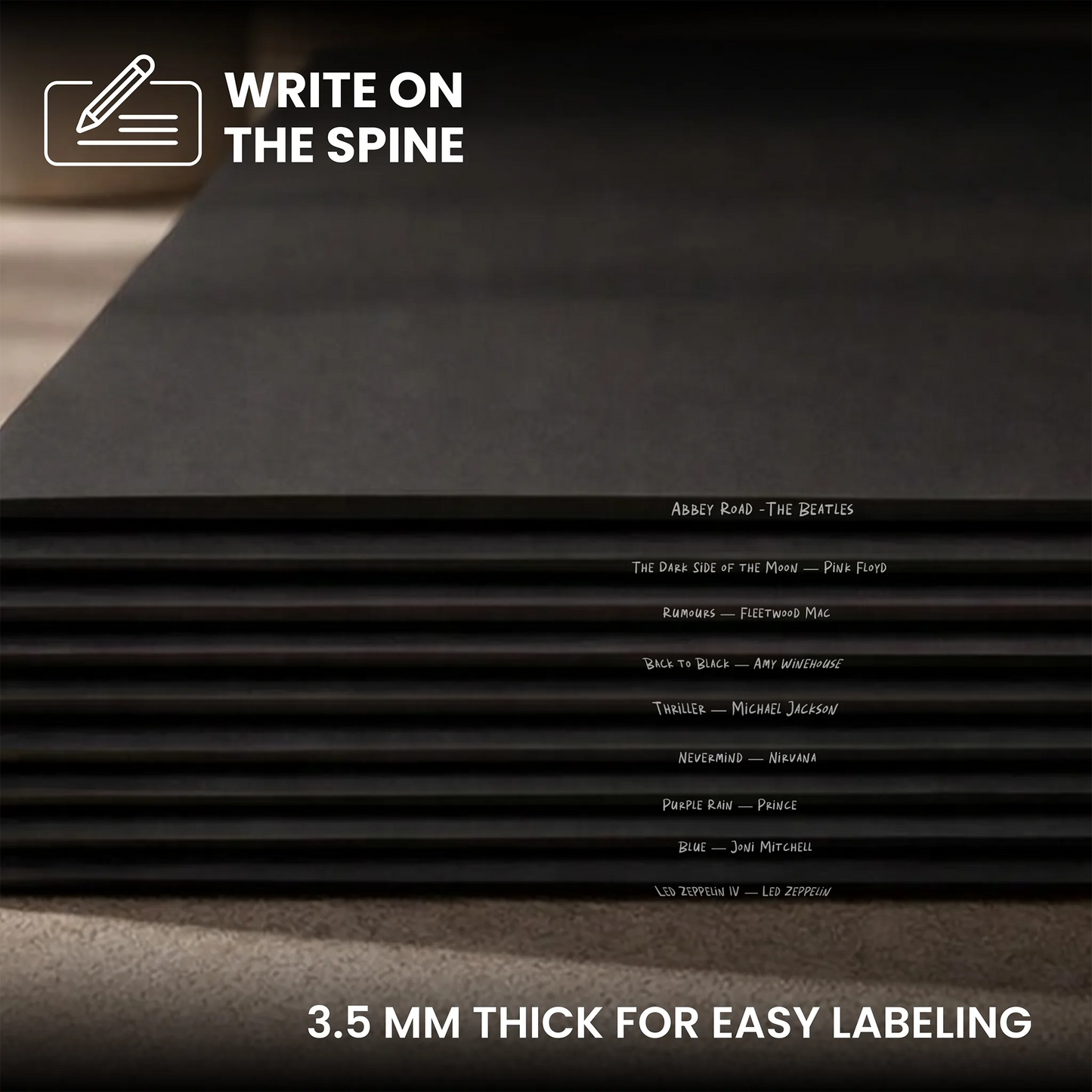 A stack of black writing boards shown at an angle, with text overlays reading 'WRITE ON THE SPINE' and '3.5 MM THICK FOR EASY LABELING'.  _Matte Black