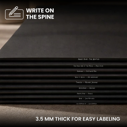 A stack of black writing boards shown at an angle, with text overlays reading 'WRITE ON THE SPINE' and '3.5 MM THICK FOR EASY LABELING'.  _Matte Black