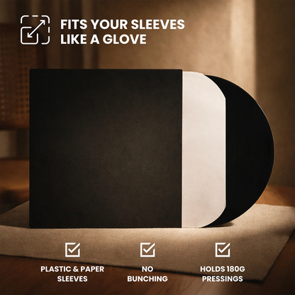 Black vinyl record sleeve with a white inner sleeve partially pulled out, shown on a wooden surface with text reading 'FITS YOUR SLEEVES LIKE A GLOVE' and feature callouts below.  _Matte Black