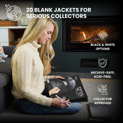 A woman sits on a couch in a living room, holding a blank black jacket with a vinyl record design. Text overlays advertise '20 Blank Jackets for Serious Collectors' with 'Black & White Options' and 'Archive-Safe.  _Matte Black _12_inch