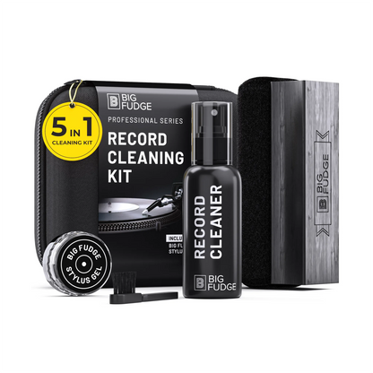 Big Fudge Professional Series 5-in-1 Record Cleaning Kit on a white background, including a black cleaning case, record cleaner spray bottle, wooden block, brush, and a yellow 5-in-1 badge.