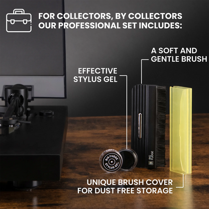 A product set for record players displayed on a wooden surface against a dark background. The set includes a black stylus gel case, a soft black brush, and a translucent yellow protective cover, with text callouts describing each component.