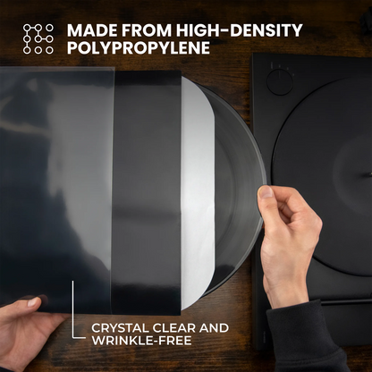 A person's hands are shown handling a clear, flexible sheet of polypropylene over a black vinyl record on a wooden surface, with text overlays highlighting its high-density polypropylene material and crystal-clear, wrinkle-free quality. _10 inch  _12 inch