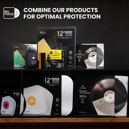 Big Fudge vinyl record protection products displayed on two shelves against a dark background, including 12-inch record sleeves, premium tire sleeves, and protective cases, with the text 'COMBINE OUR PRODUCTS FOR OPTIMAL PROTECTION' at the top.  _12 inch