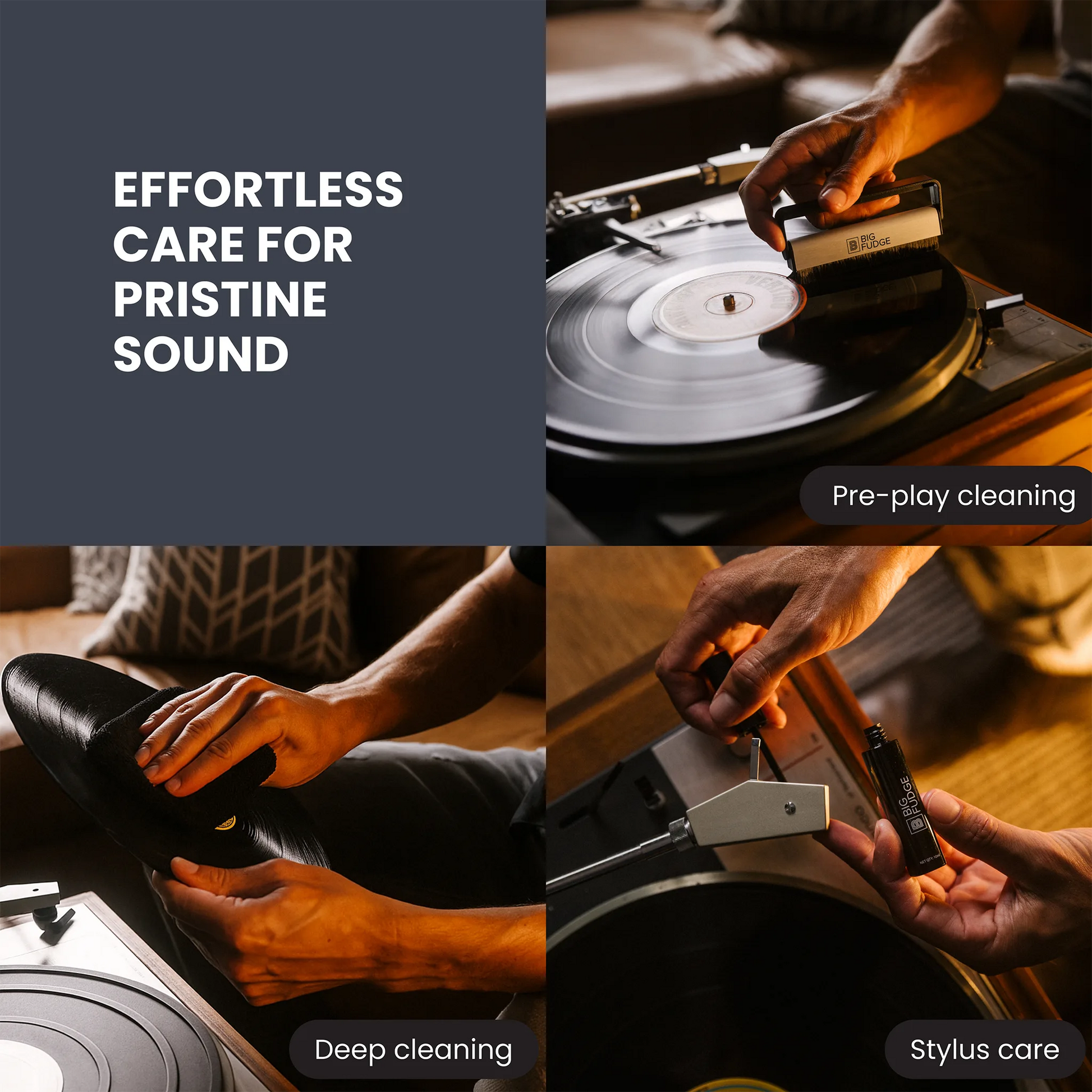 A four-panel collage promoting vinyl record care. The top-left panel is a dark slate blue with the text 'EFFORTLESS CARE FOR PRISTINE SOUND.