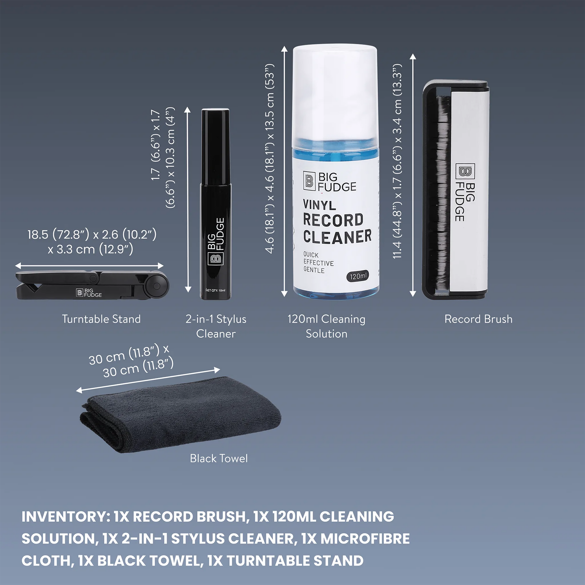 Product bundle layout showing a Big Fudge vinyl record cleaner kit with a 120ml cleaning solution bottle, two 2-in-1 stylus cleaners, one record brush, one turntable stand, and a black towel on a blue gradient background with text listing included items.