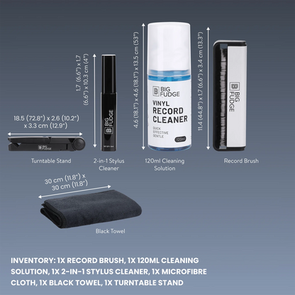 Product bundle layout showing a Big Fudge vinyl record cleaner kit with a 120ml cleaning solution bottle, two 2-in-1 stylus cleaners, one record brush, one turntable stand, and a black towel on a blue gradient background with text listing included items.