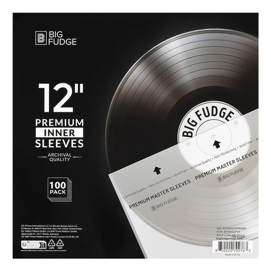 Big Fudge 12" Premium Inner Sleeves 100-pack packaging, featuring a black background with a graphic of a vinyl record and a white sleeve label. _hidden