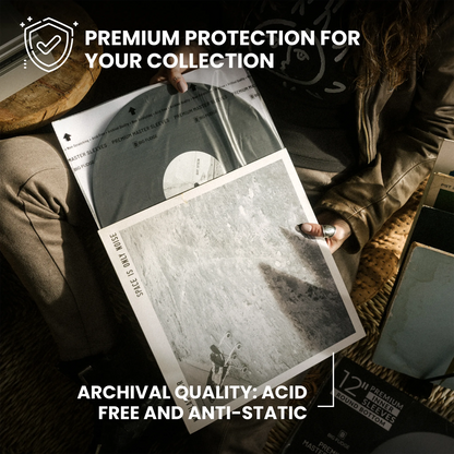 A person holds open a vinyl record album in a dimly lit setting, showing the inner sleeve and a partially visible black-and-white record. Promotional text reads 'PREMIUM PROTECTION FOR YOUR COLLECTION' and 'ARCHIVAL QUALITY: ACID FREE AND ANTI-STATIC.