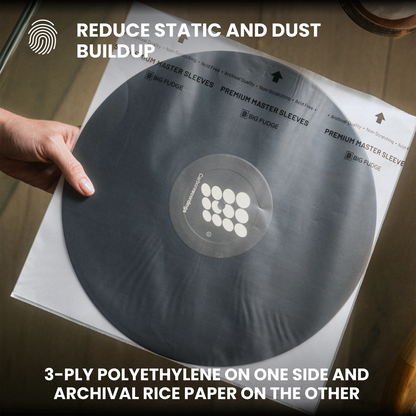 A hand holds a vinyl record partially covered by a clear protective sleeve. White text at the top reads 'REDUCE STATIC AND DUST BUNDUP,' and text at the bottom describes the sleeve's 3-ply polyethylene and rice paper construction.