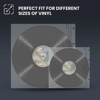 Two translucent gray vinyl record sleeves with printed center labels, shown on a dark blue background with the text 'PERFECT FIT FOR DIFFERENT SIZES OF VINYL' and a small icon in the top left.
