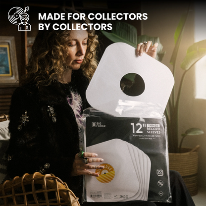 A woman holds an open clear plastic package of white vinyl record sleeves in a warm indoor setting. The package contains 12 record sleeves, and the top of the image includes the text 'MADE FOR COLLECTORS BY COLLECTORS' with a collector icon. _12 Inch