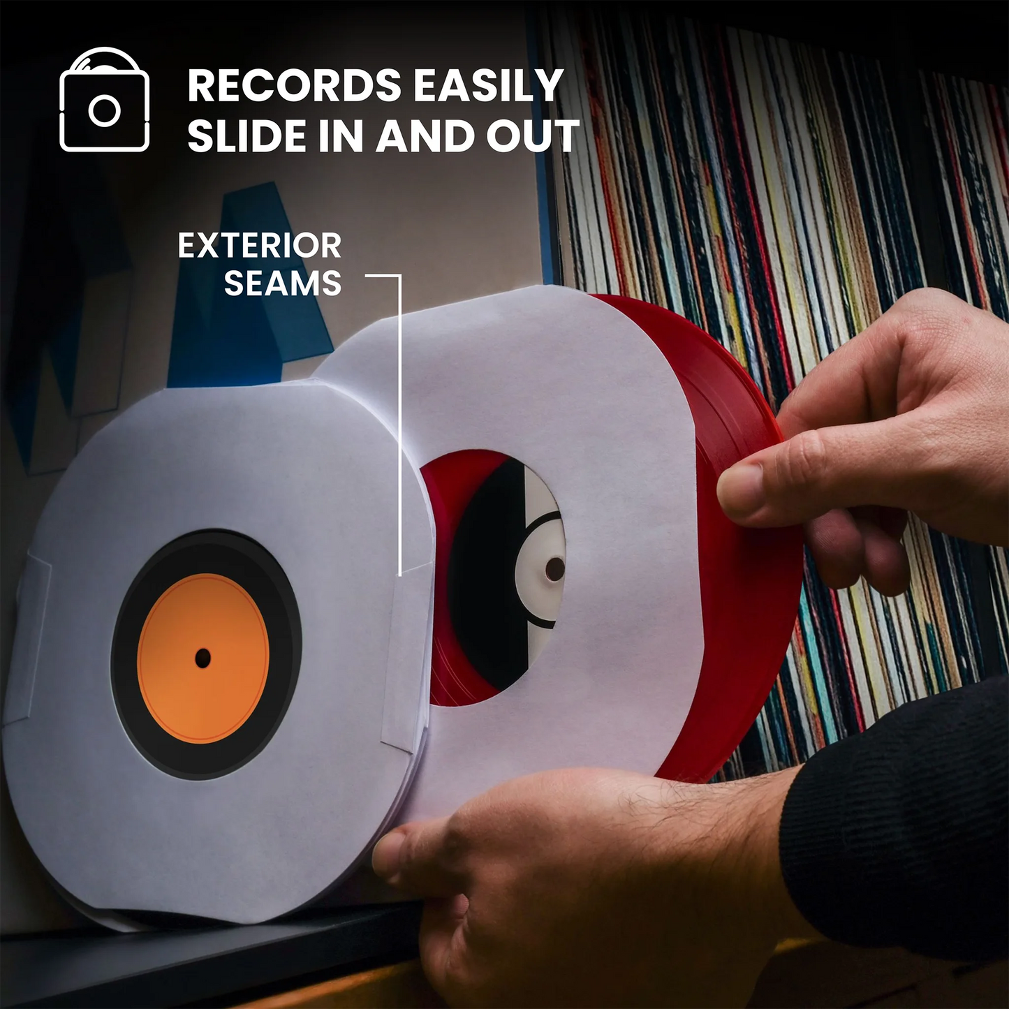 A person's hands are shown sliding a vinyl record into and out of a white circular record holder case, with text overlays explaining the 'EXTERIOR SEAMS' and 'RECORDS EASILY SLIDE IN AND OUT'. A background of vinyl records is visible. _7 inch