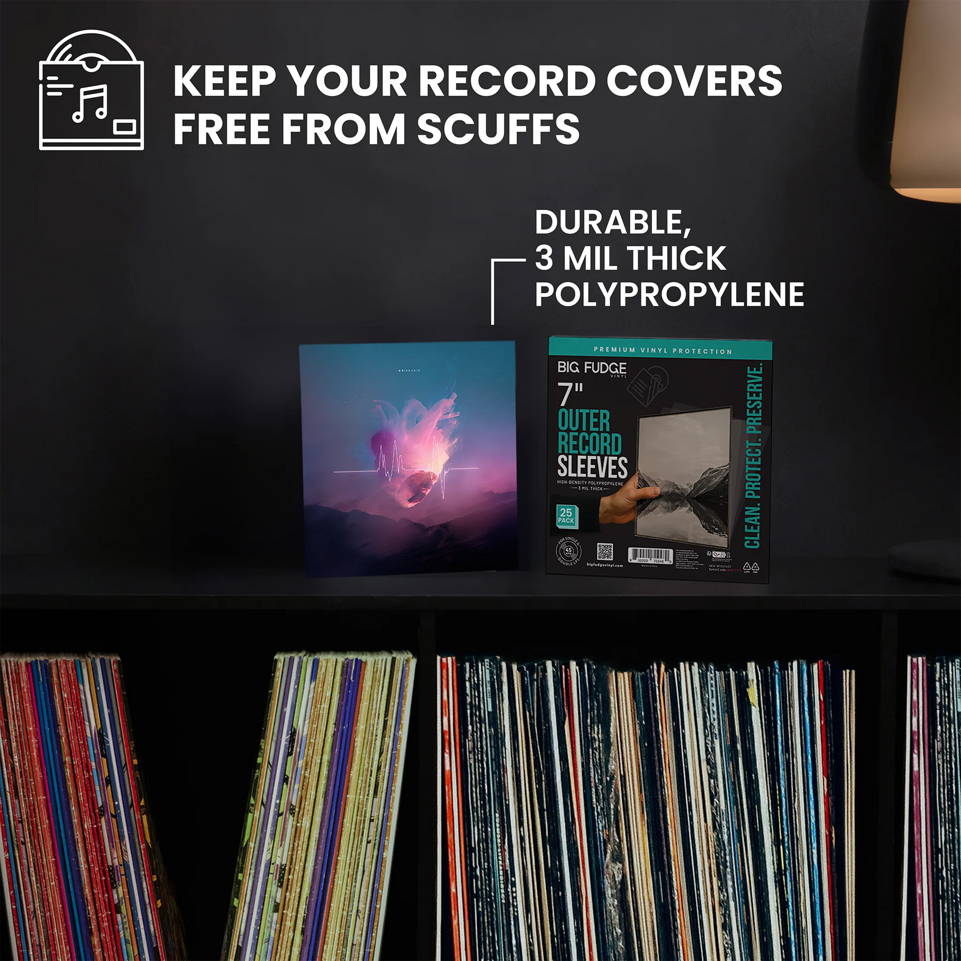 Promotional graphic for Big Fudge 7" Outer Remind Sleeves, showing a pack of clear protective sleeves next to a vinyl record sleeve on a dark shelf with other records below. Text at the top reads 'KEEP YOUR RECORD COVERS FREE FROM SCUFFS' and 'DURABLE, 3 MIL THICK POLYPROPYLENE'. _7 inch _25x pack