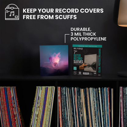 Promotional graphic for Big Fudge 7" Outer Remind Sleeves, showing a pack of clear protective sleeves next to a vinyl record sleeve on a dark shelf with other records below. Text at the top reads 'KEEP YOUR RECORD COVERS FREE FROM SCUFFS' and 'DURABLE, 3 MIL THICK POLYPROPYLENE'. _7 inch _25x pack