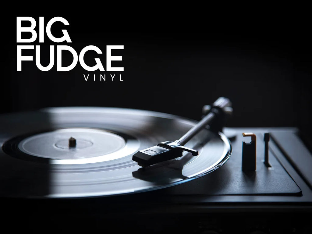 A vinyl record spinning on a turntable with the title text 'BIG FUDGE VINYL' in large white letters at the top left, set against a dark moody background.