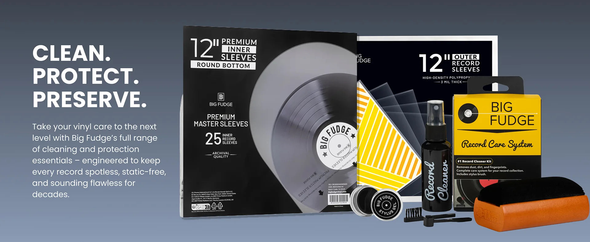 Vinyl record care and preservation kit including a 12-inch premium winding sleeve, 25mm master sleeves, a black spray bottle, a yellow and black record care system, and an orange cleaning cloth, displayed against a dark blue-gray gradient background with promotional text.